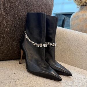 Schutz Black Leather Crystal Chain Ankle Boots Size 9.5